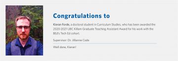 Congratulations to Kieran Forde – Recipient of the 2020-2021 Killam Graduate Teaching Assistant Award