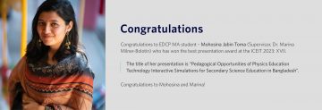 Congratulations to EDCP MA student – Mohosina Jabin Toma